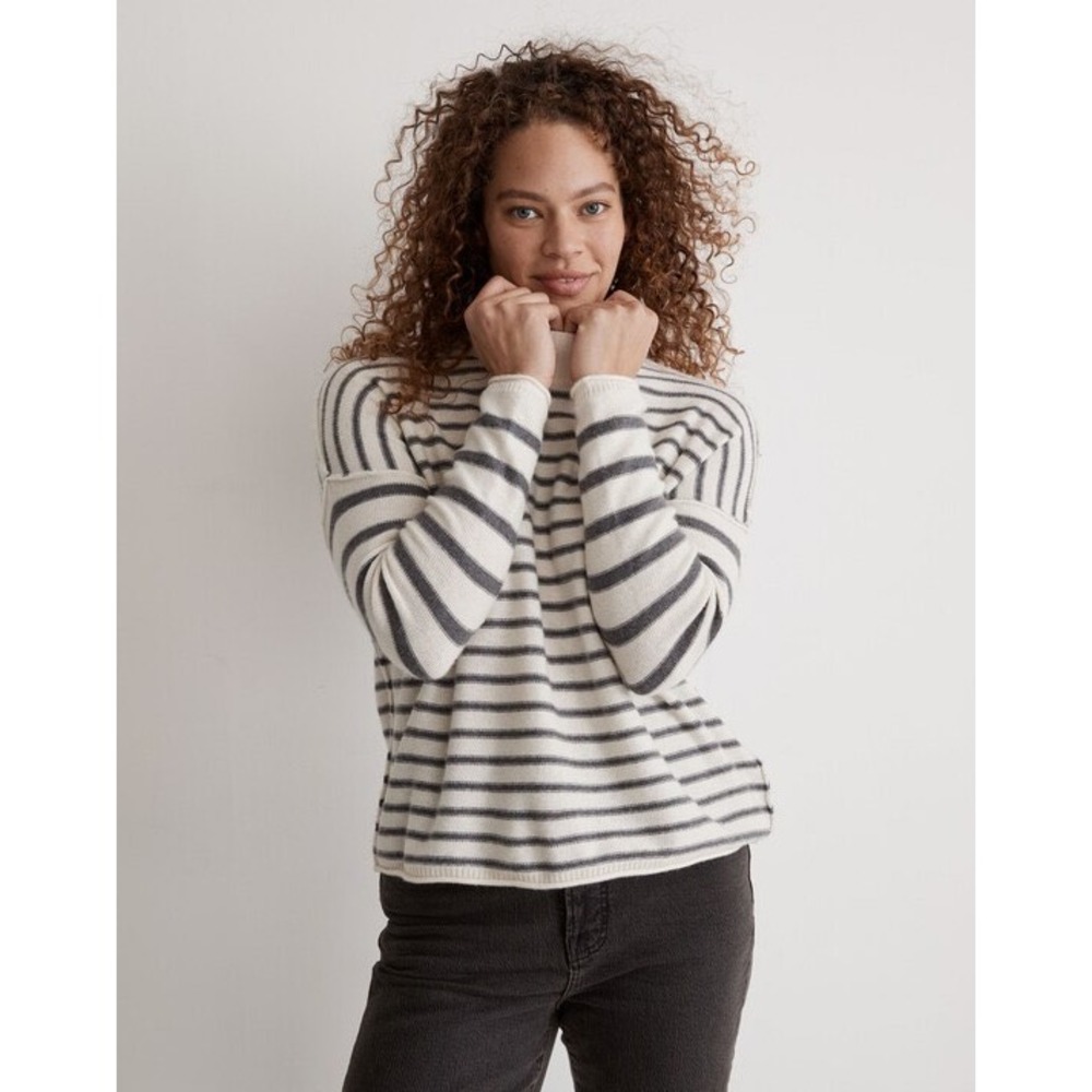 NWT‎ Madewell Stripe Play Mock Neck Pullover Sweater Cream Gray Wool Blend Small